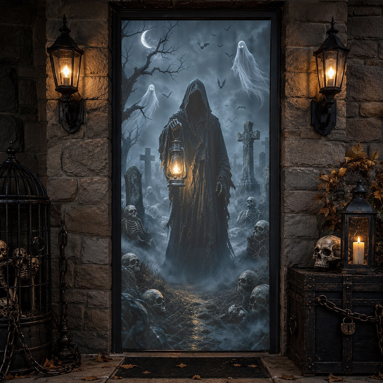 Grim Reaper Lantern Graveyard Ghost Door Banner Halloween Door Cover