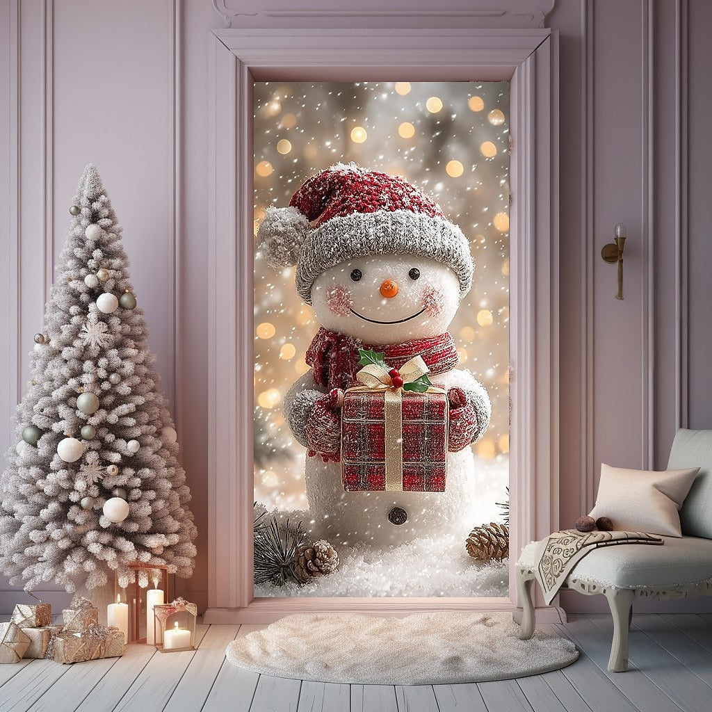 Cute Snowman in Winter Forest Christmas Door Cover