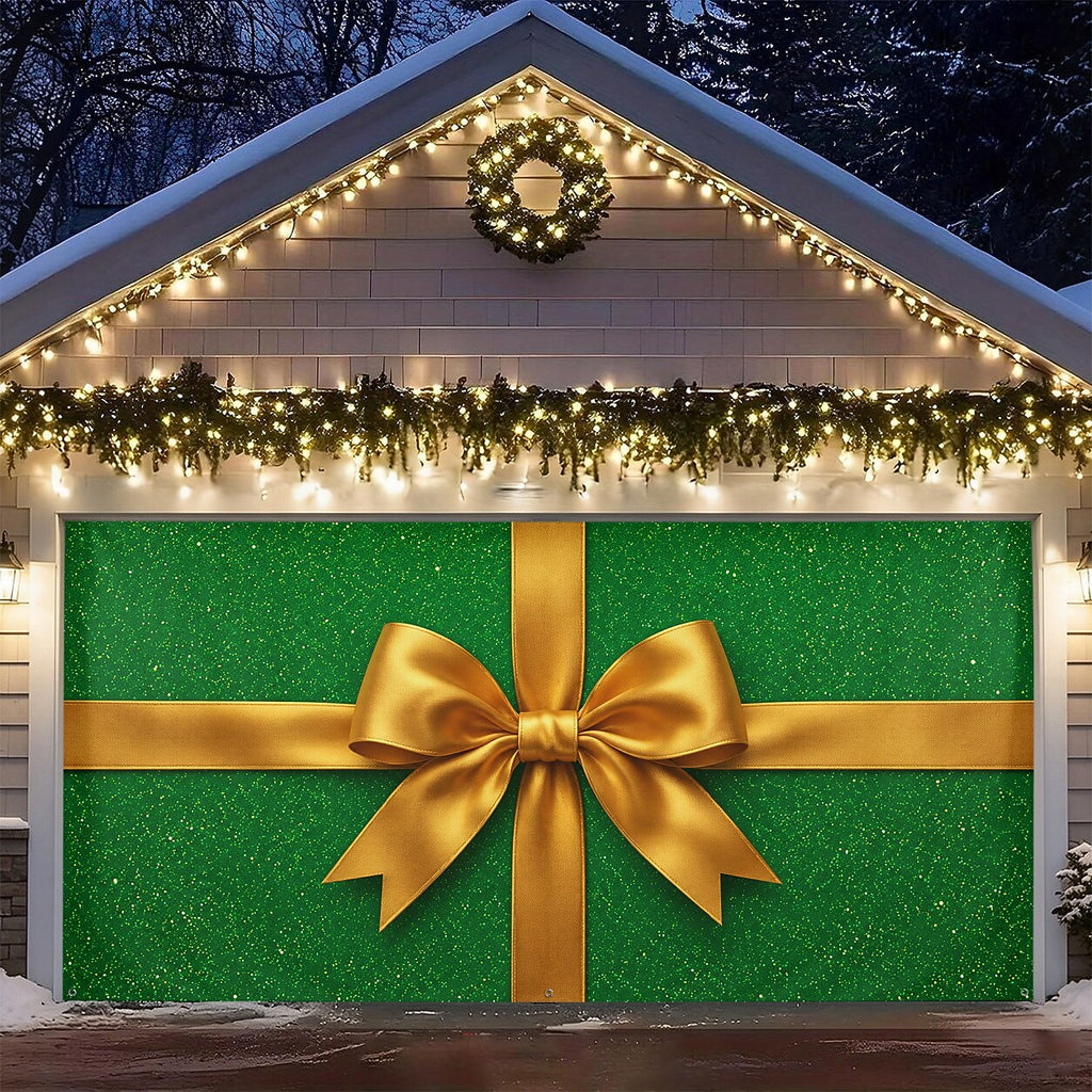 Christmas Garage Cover 3D Green Gift Box & Gold Bow