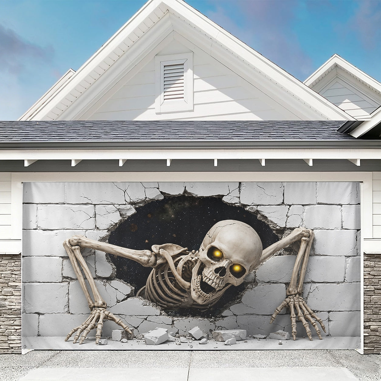 Skeleton Skull Breaking Wall 3D Illusion | Halloween Garage Door Banner Cover