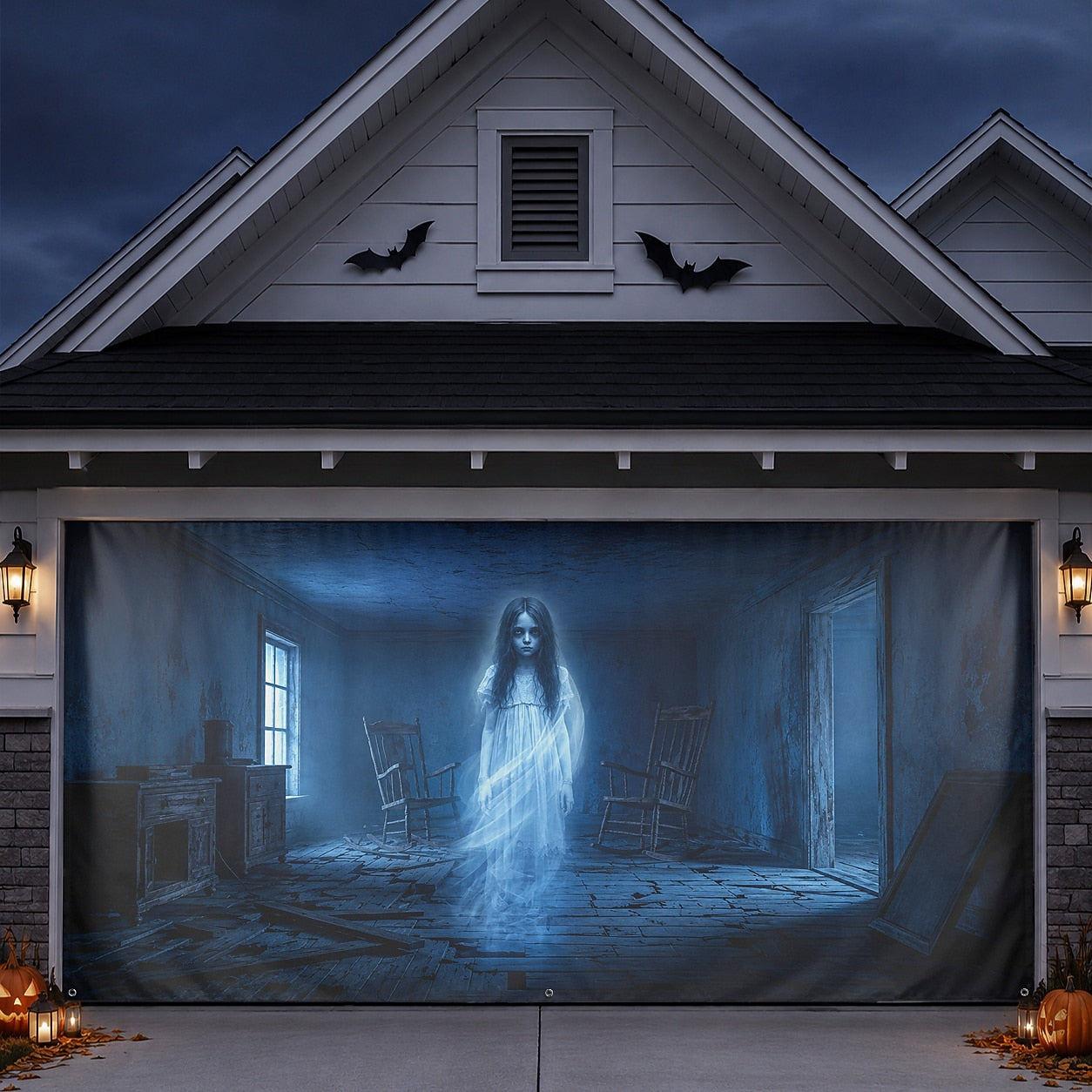 Ghost Girl & Haunted Room | Halloween Garage Door Banner Cover