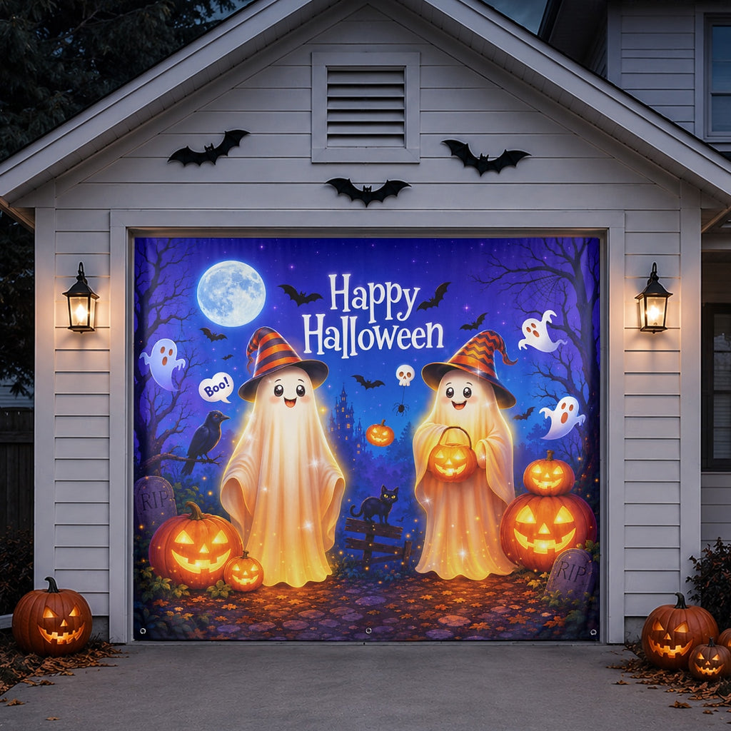 Cute Ghosts & Halloween Forest Campfire | Halloween Garage Door Banner Cover
