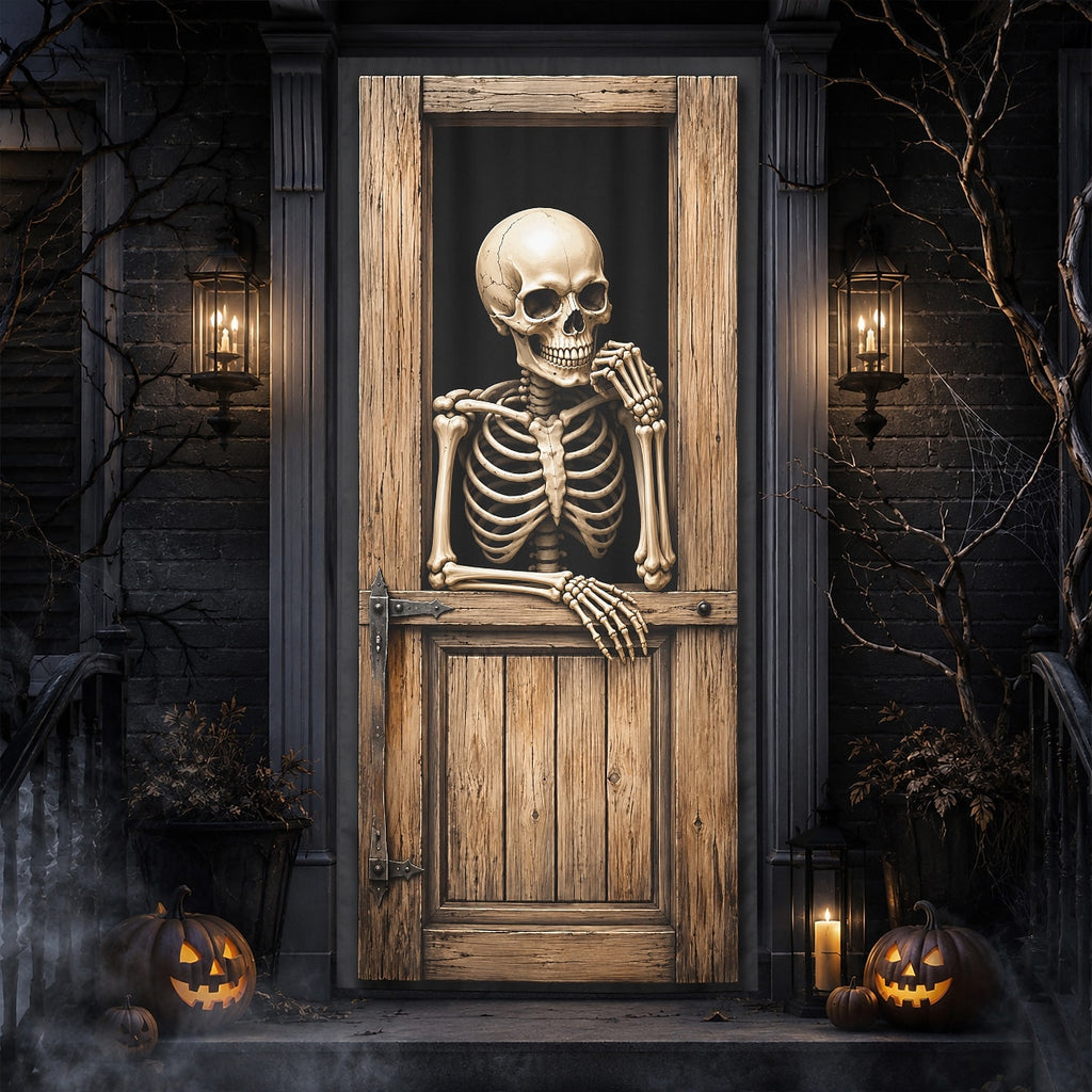Skeleton Behind Door 3D Skull Illusion Banner Halloween Door Cover