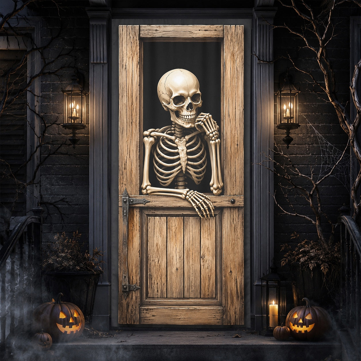 Skeleton Behind Door 3D Skull Illusion Banner Halloween Door Cover
