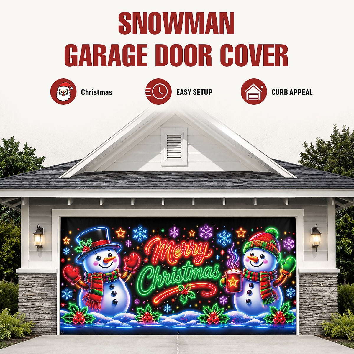 Blacklight Christmas Garage Cover UV Reactive Merry Christmas Snowman