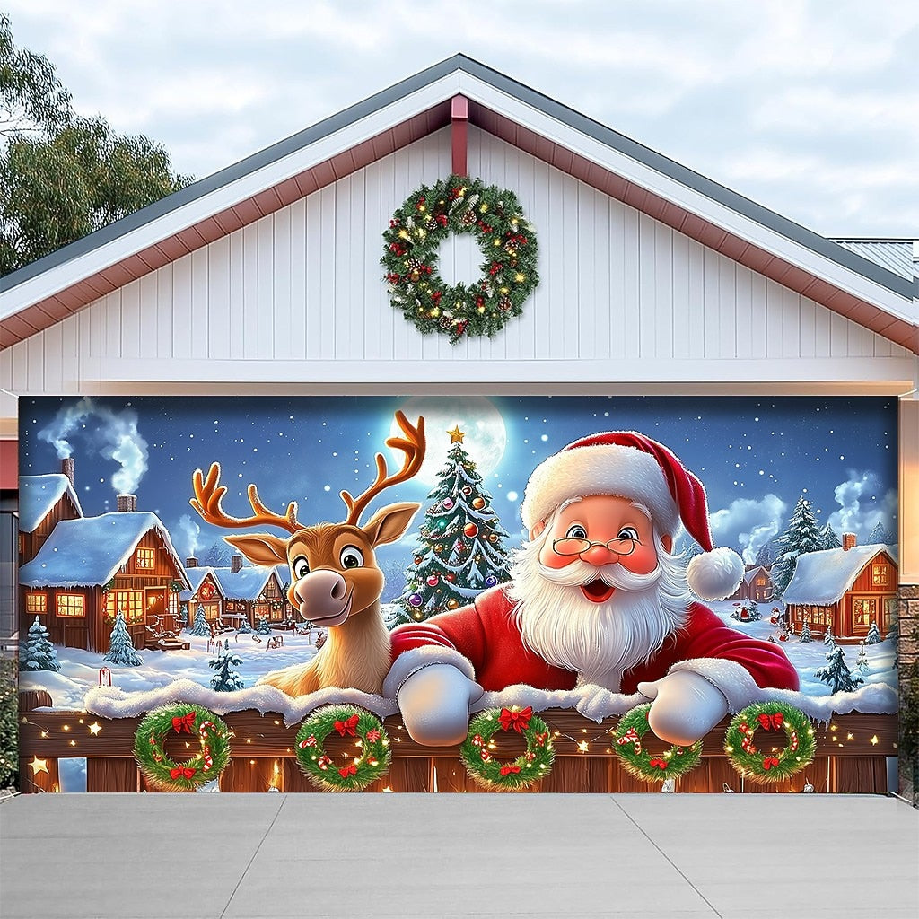 3D Santa & Reindeer Garage Door Cover