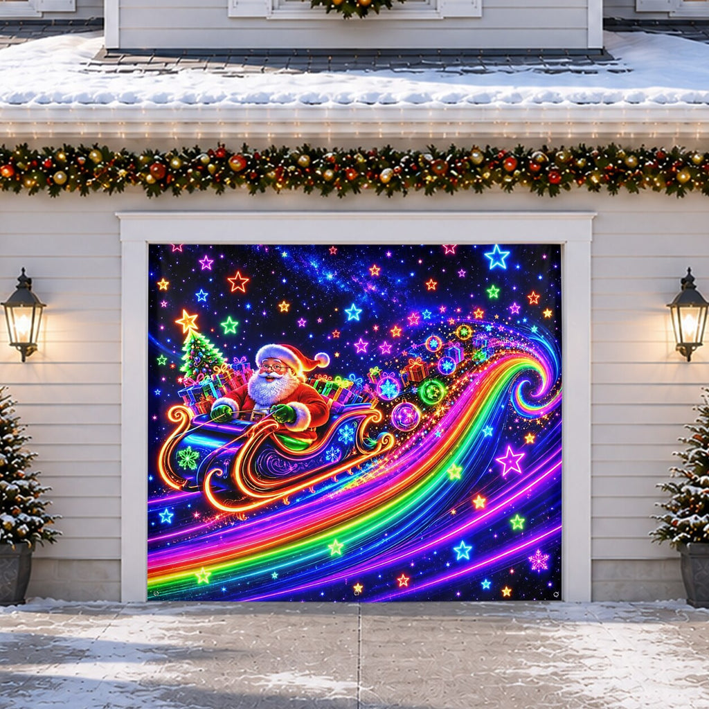Blacklight Christmas Garage Cover UV Reactive Santa Claus & Sleigh
