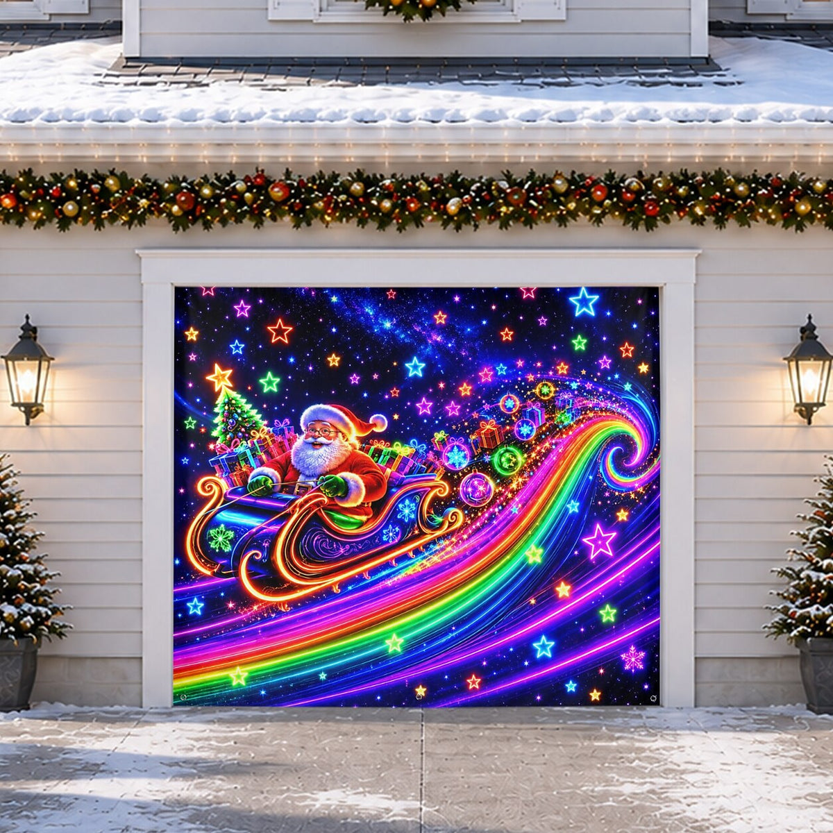 Blacklight Christmas Garage Cover UV Reactive Santa Claus & Sleigh