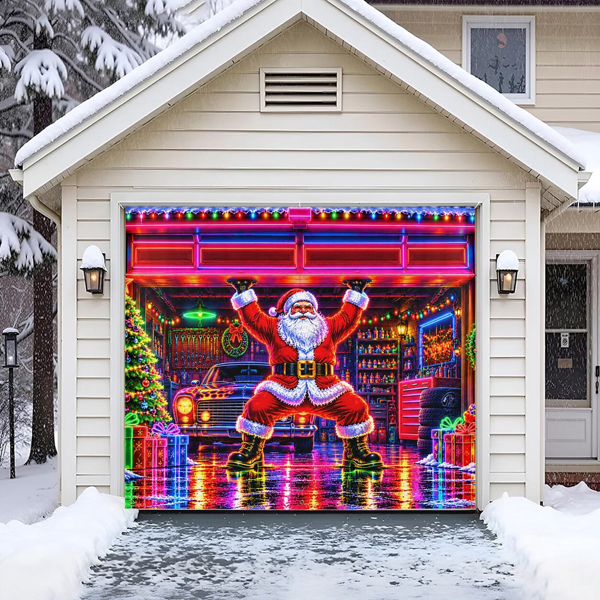 Blacklight Christmas Garage Cover UV Reactive Santa Gift Workshop