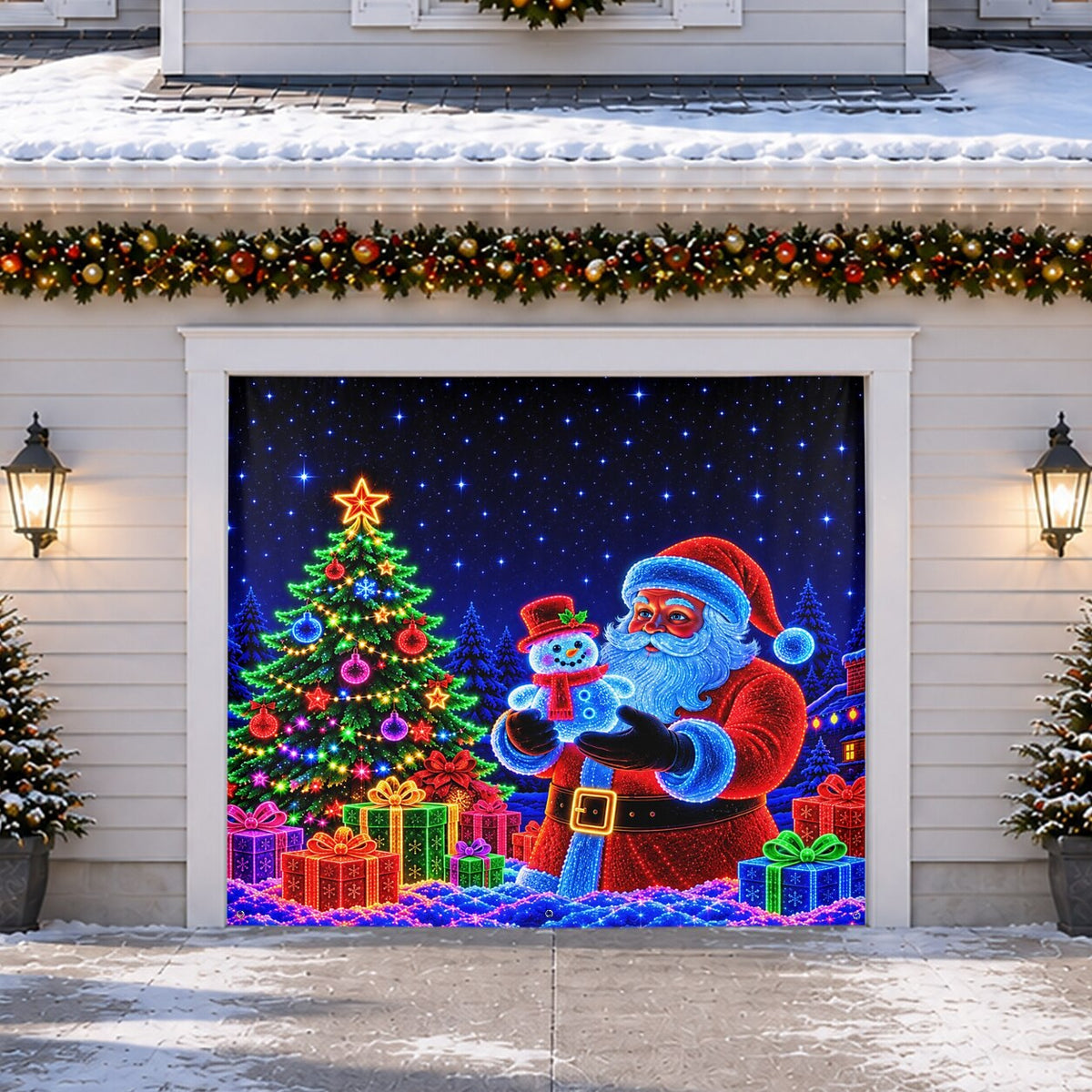 Blacklight Christmas Garage Cover UV Reactive Santa & Christmas Tree
