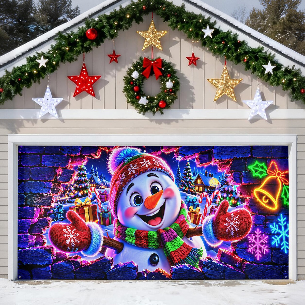 Blacklight Christmas Garage Cover 3D UV Reactive Broken Wall Snowman