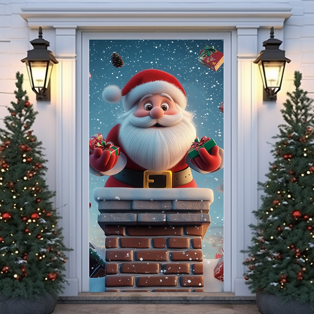 Santa Breaking Through Wall Christmas Door Cover
