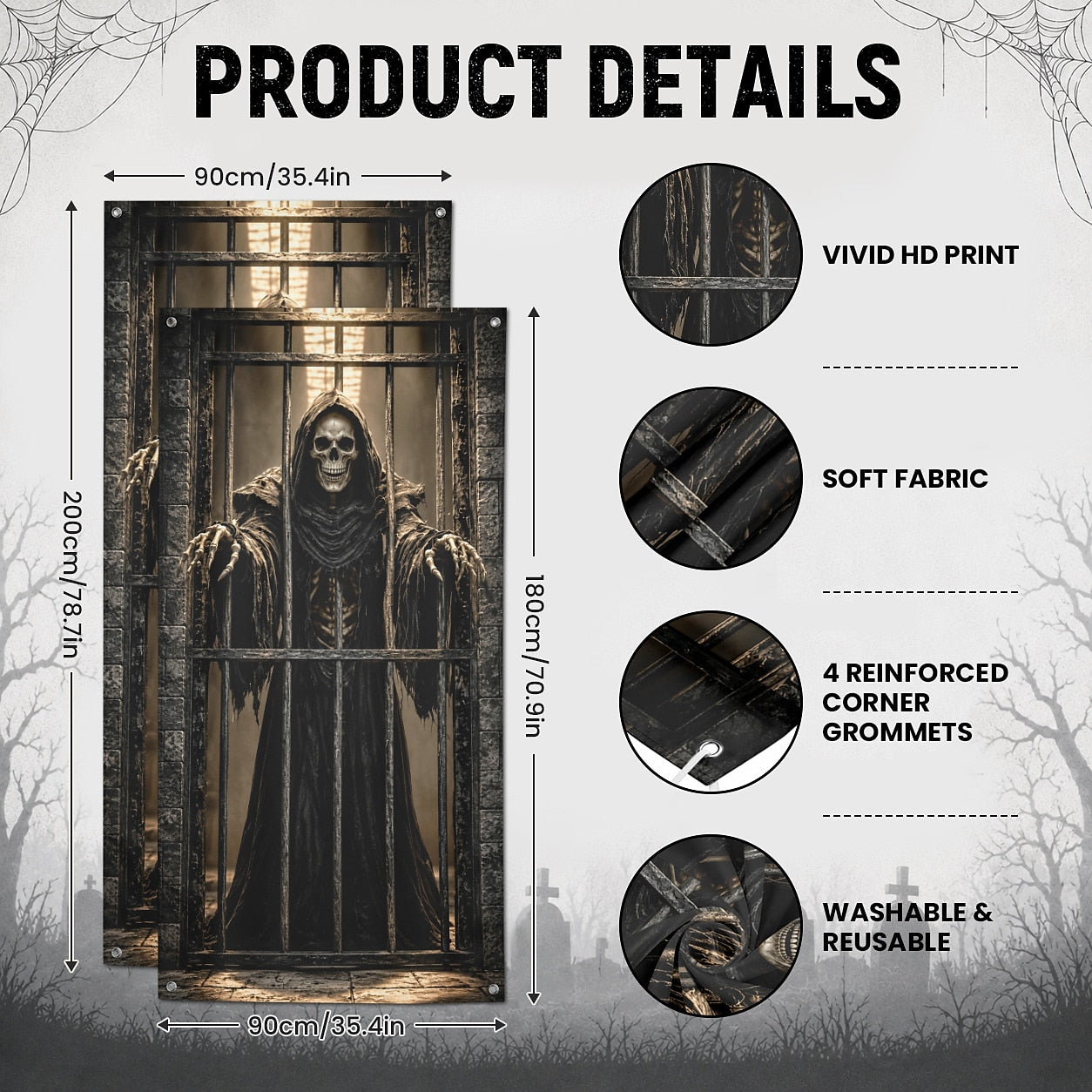 Lantern Witch Hat Door Banner Halloween Door Cover Skeleton Prison Grim