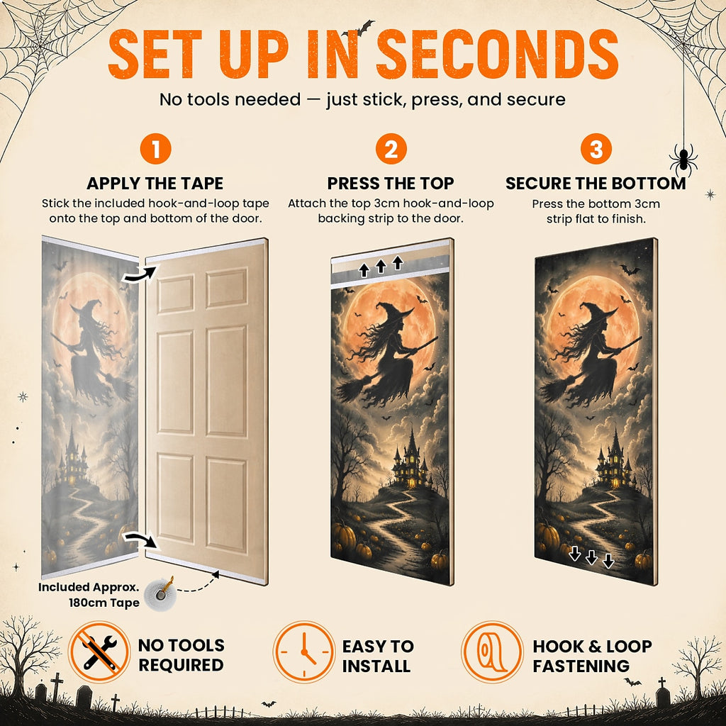 Flying Witch Full Moon Haunted House Banner Halloween Door Cover