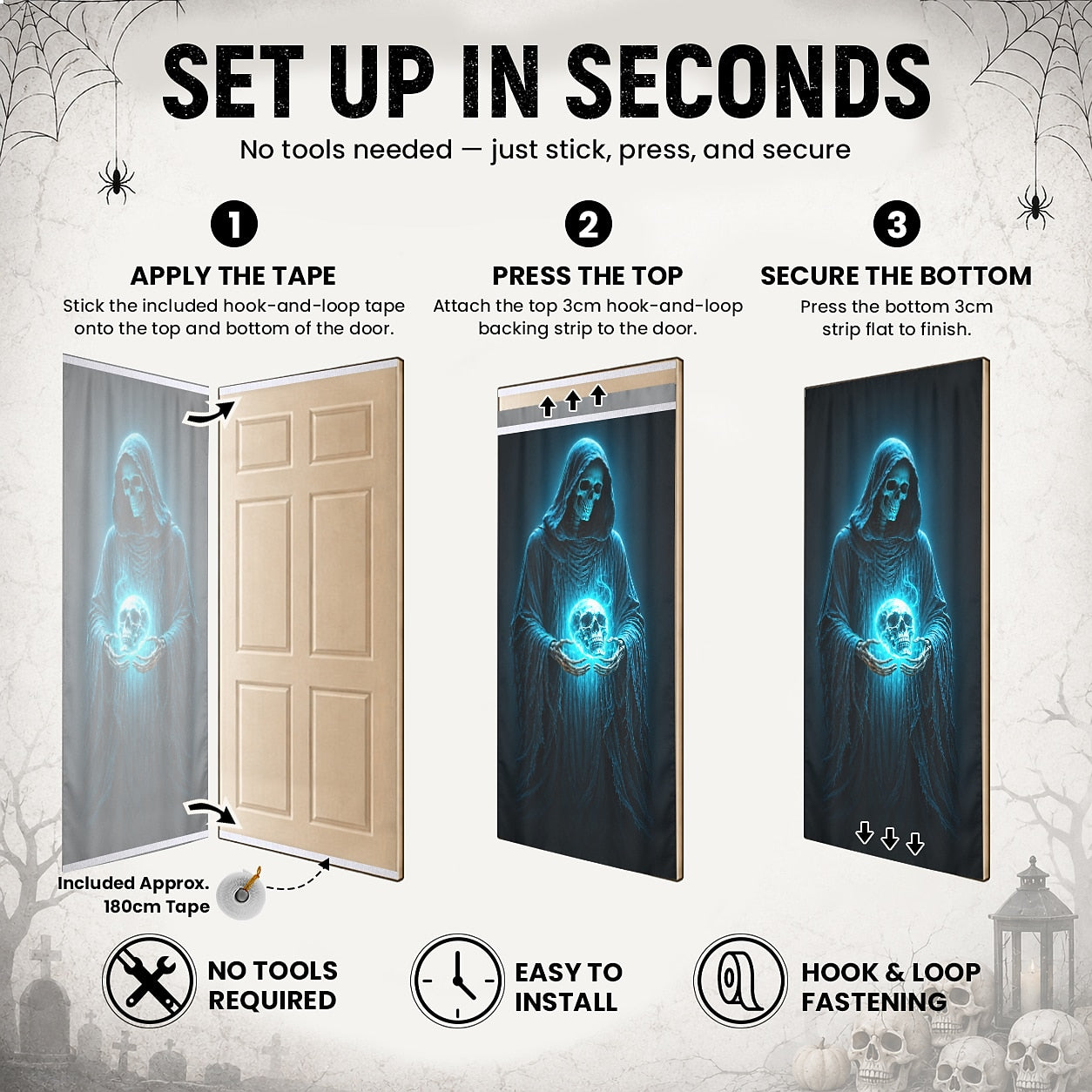 Glowing Skull Grim Reaper Door Banner Blue Skeleton Ghost Scary