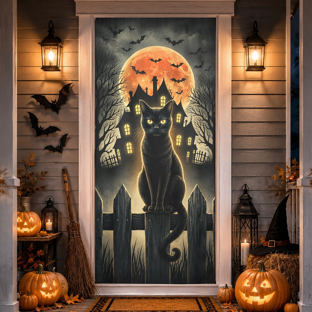Flying Witch Full Moon Haunted House Banner Halloween Door Cover