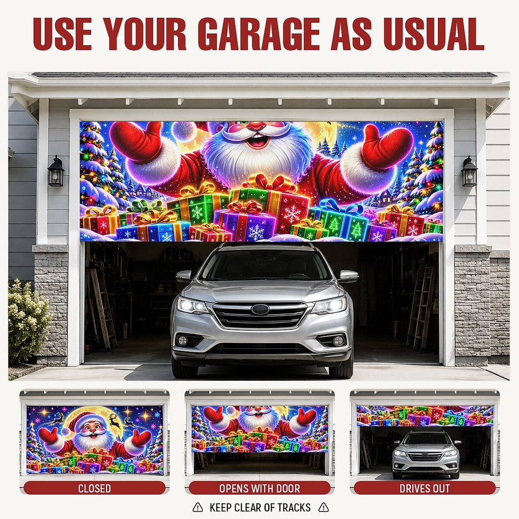 Blacklight Christmas Garage Door Cover - Santa Claus & Presents Neon Design