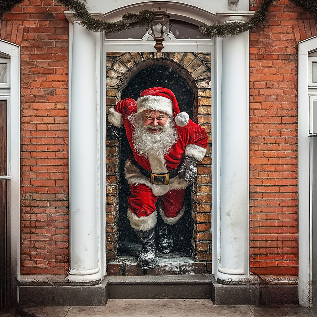 Santa Breaking Through Wall Christmas Door Cover