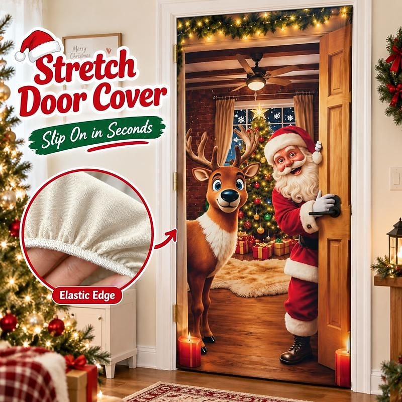 Christmas Door Cover - Stretch Fit Santa & Reindeer Door Decoration
