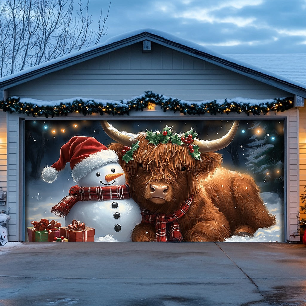 Christmas Highland Cow Garage Door Cover