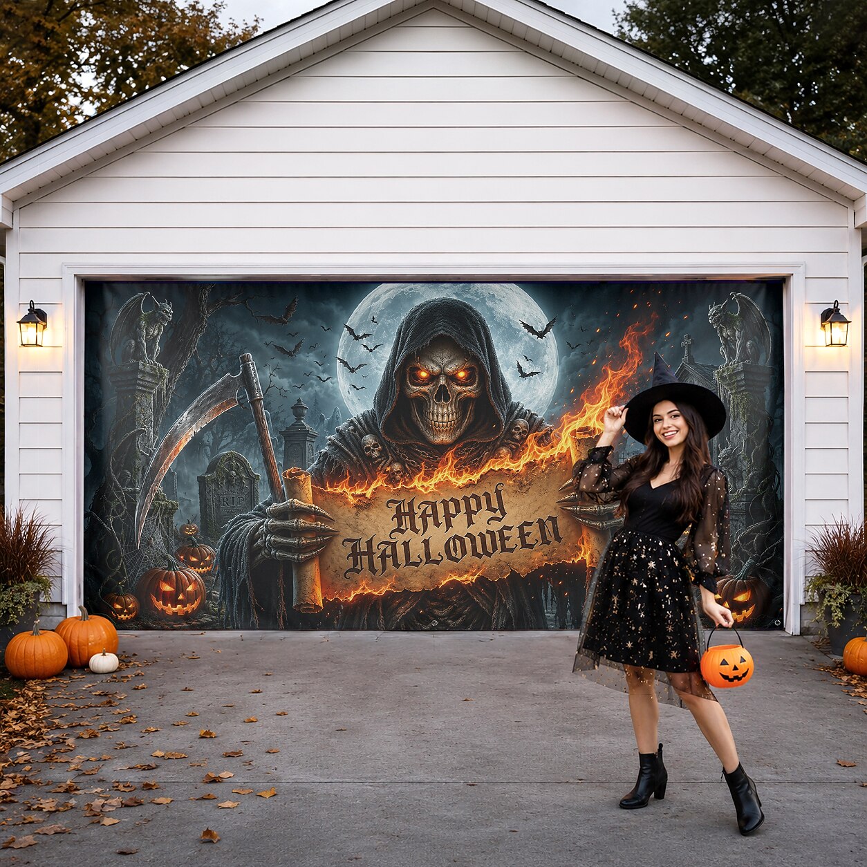 Halloween Grim Reaper Skull Garage Door Cover