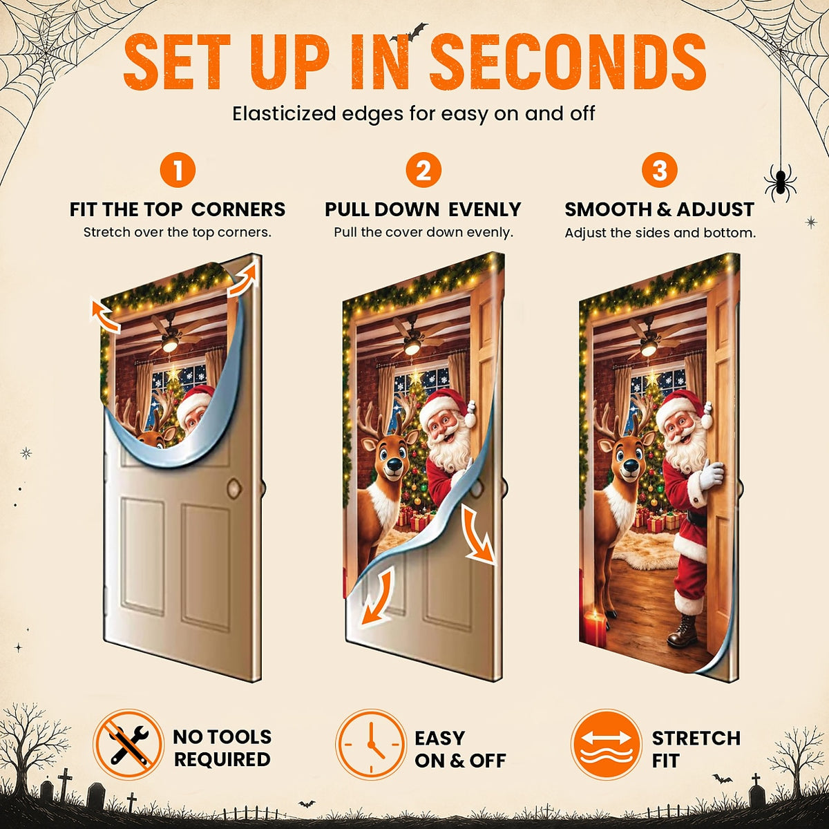 Christmas Door Cover - Stretch Fit Santa & Reindeer Door Decoration