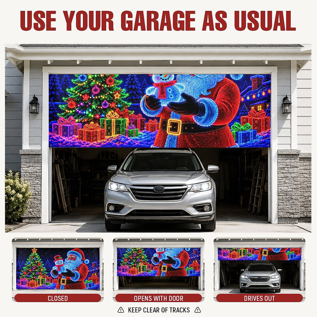 Blacklight Christmas Garage Cover UV Reactive Santa & Christmas Tree
