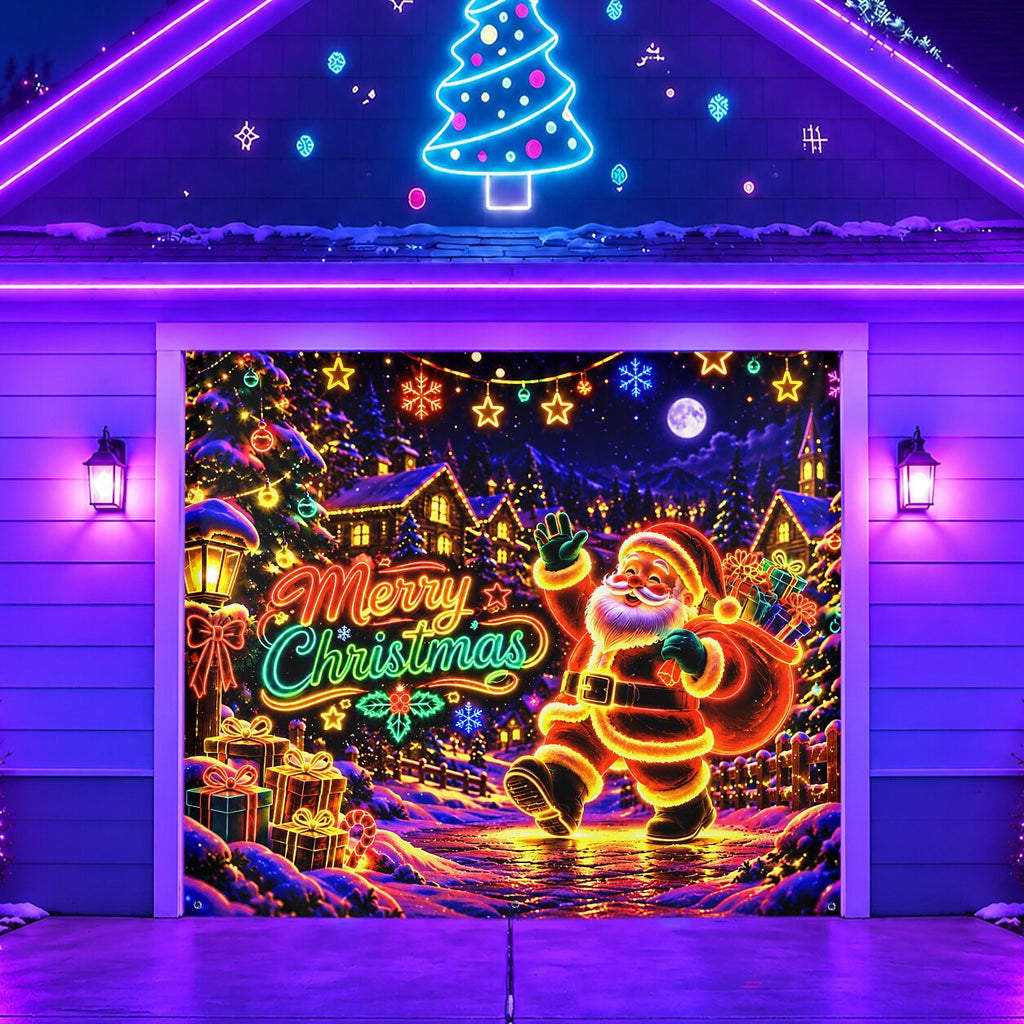 Blacklight Christmas Garage Cover UV Reactive Santa, Reindeer & Sleigh