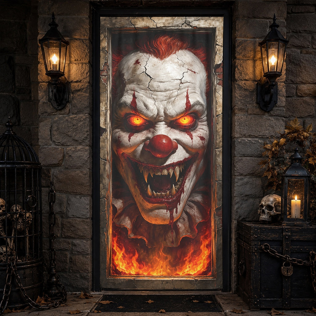 Glass Reaching Hand Banner Halloween Door Cover Evil Clown Horror Face