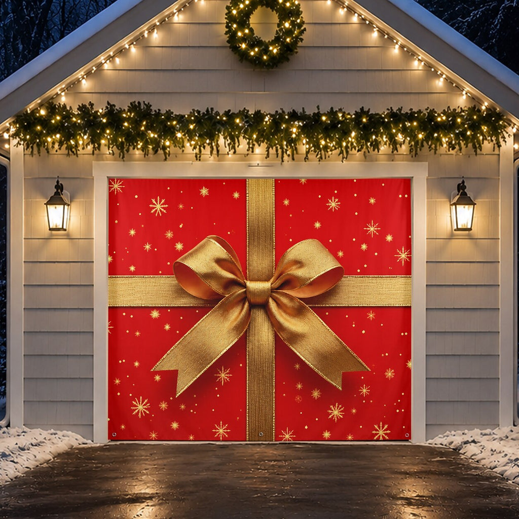 Christmas Garage Cover 3D Red Gift Box & Bow