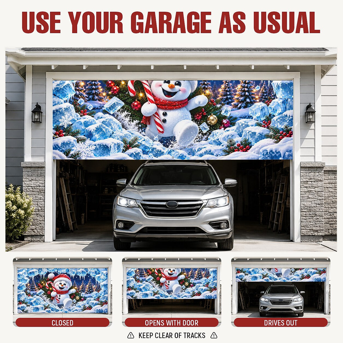 Christmas Garage Door Cover - Snowman Breaking Through Icy Wall 3D Design