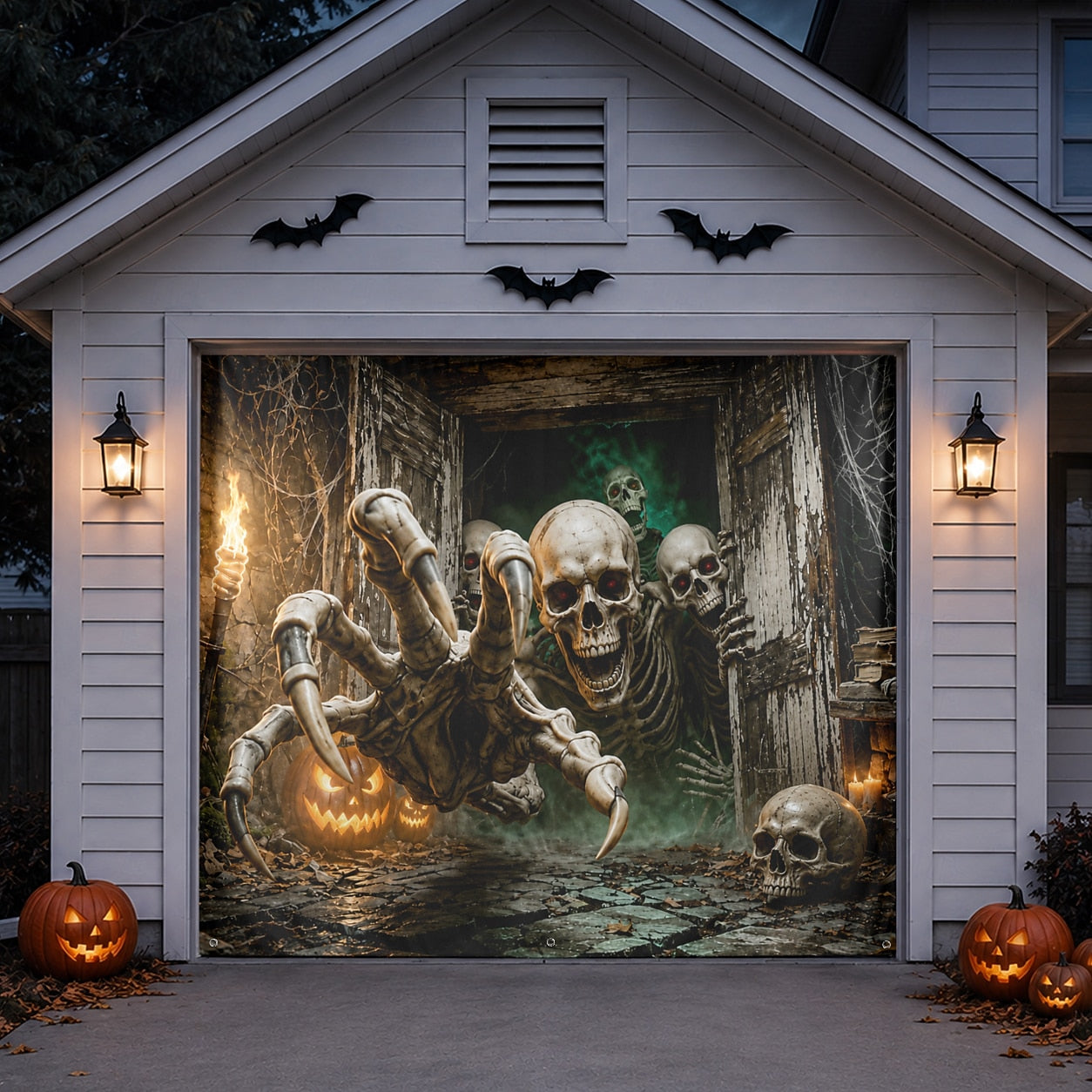 Flaming Skeleton & Fire Skull | Halloween Garage Door Banner Cover