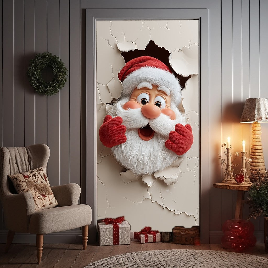 Santa Breaking Through Wall Christmas Door Cover