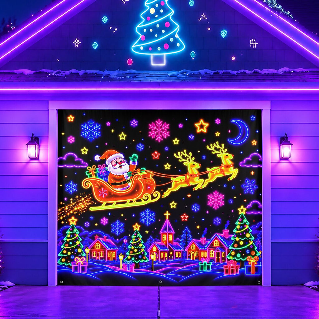 Blacklight Christmas Garage Cover UV Reactive Santa Sleigh & Reindeer Night Scene