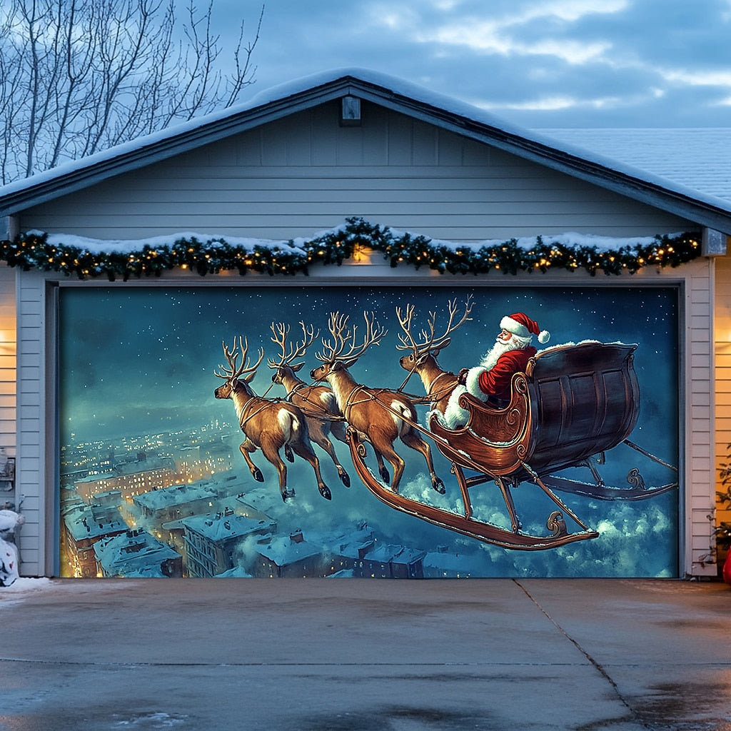 Santa Sleigh & Reindeer Garage Door Cover