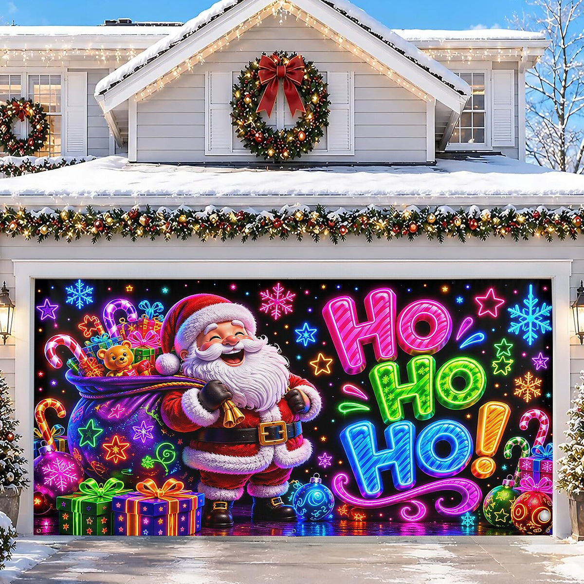 Blacklight Christmas Garage Cover UV Reactive Ho Ho Ho Santa