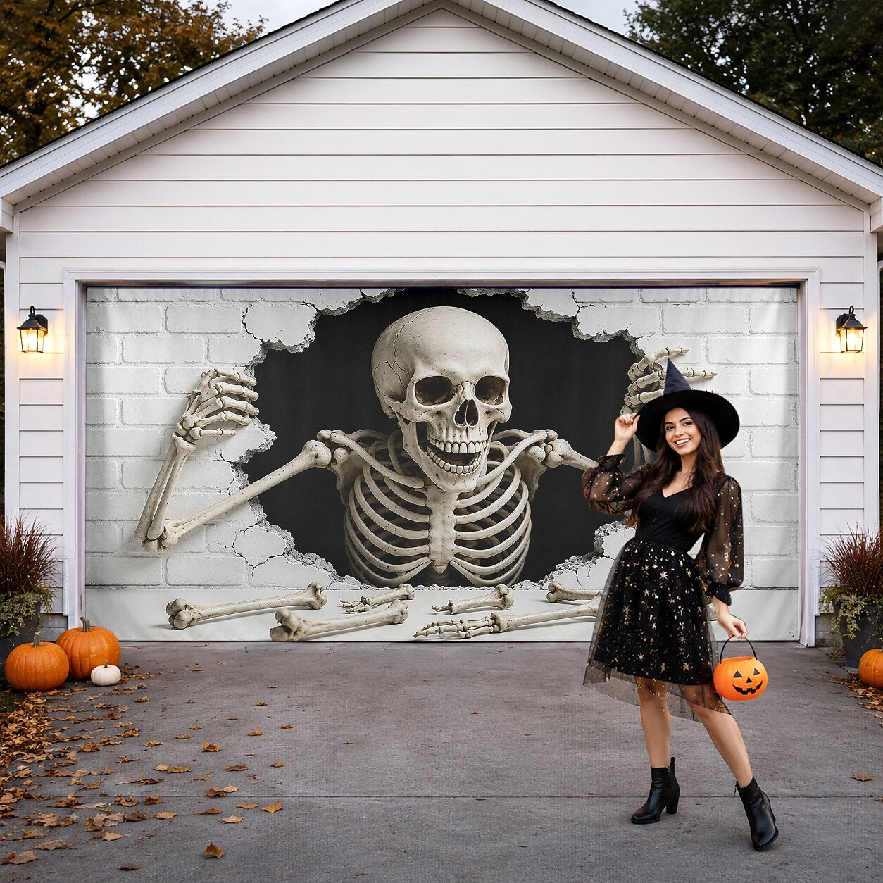 Halloween Skeleton White Brick Wall Garage Door Cover