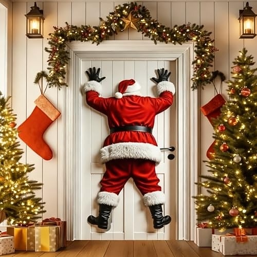 Santa Claus Reindeer & Merry Christmas Lettering Christmas Door Cover