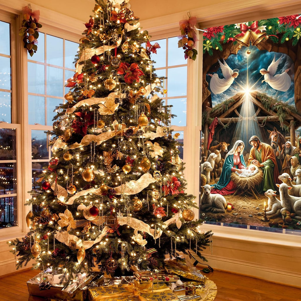 Nativity Scene & Christmas Wreath Christmas Door Cover