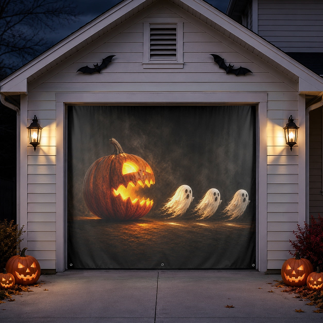 Jack-O'-Lantern Pumpkin Chasing Ghosts | Halloween Garage Door Banner Cover