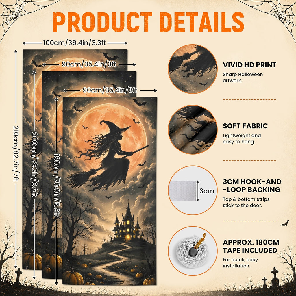 Flying Witch Full Moon Haunted House Banner Halloween Door Cover