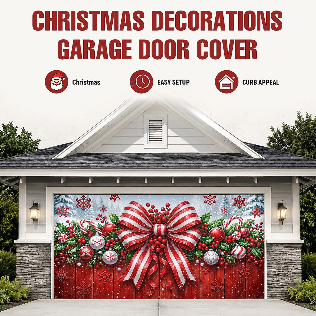 Red Bow & Ornaments Garage Door Cover