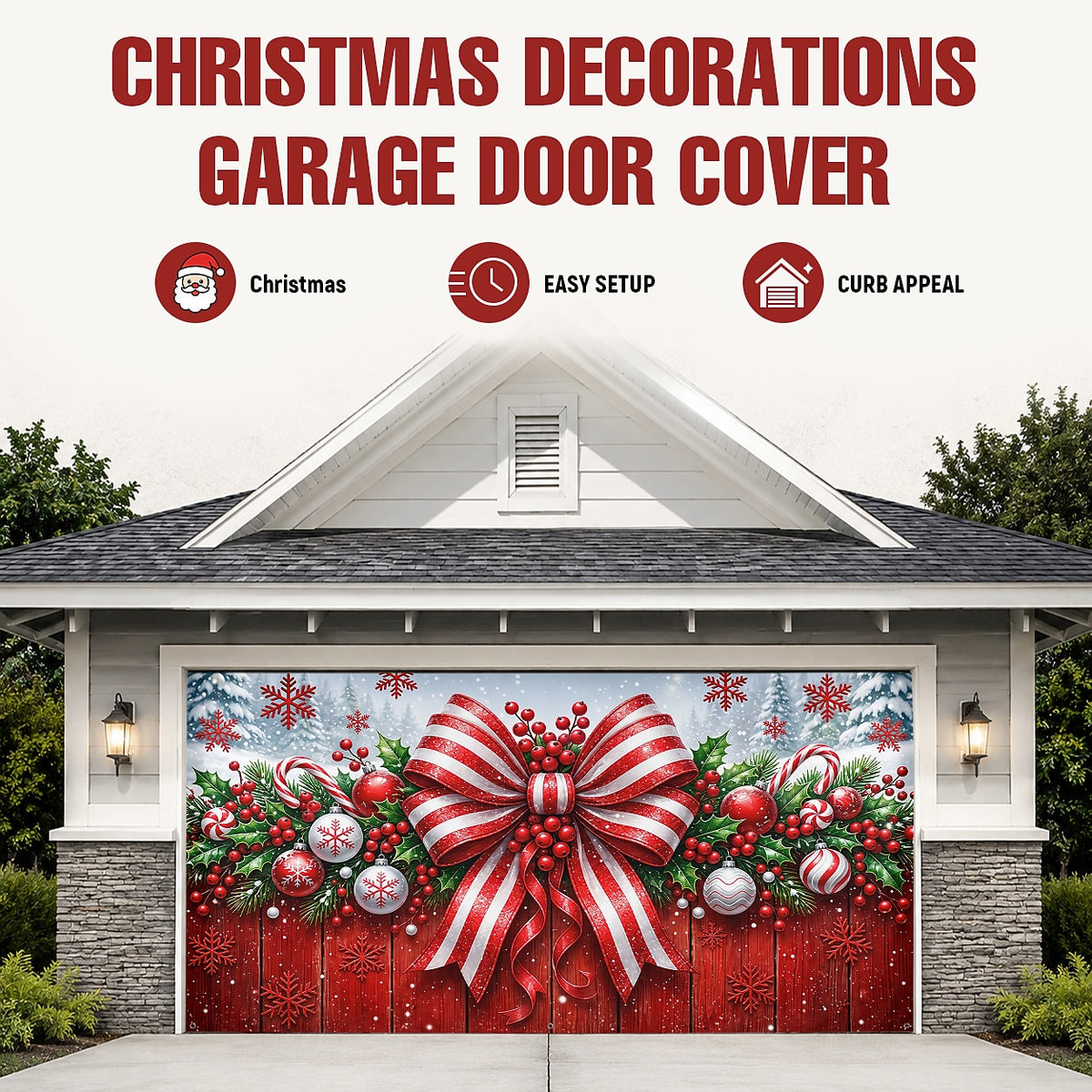 Red Bow & Ornaments Garage Door Cover