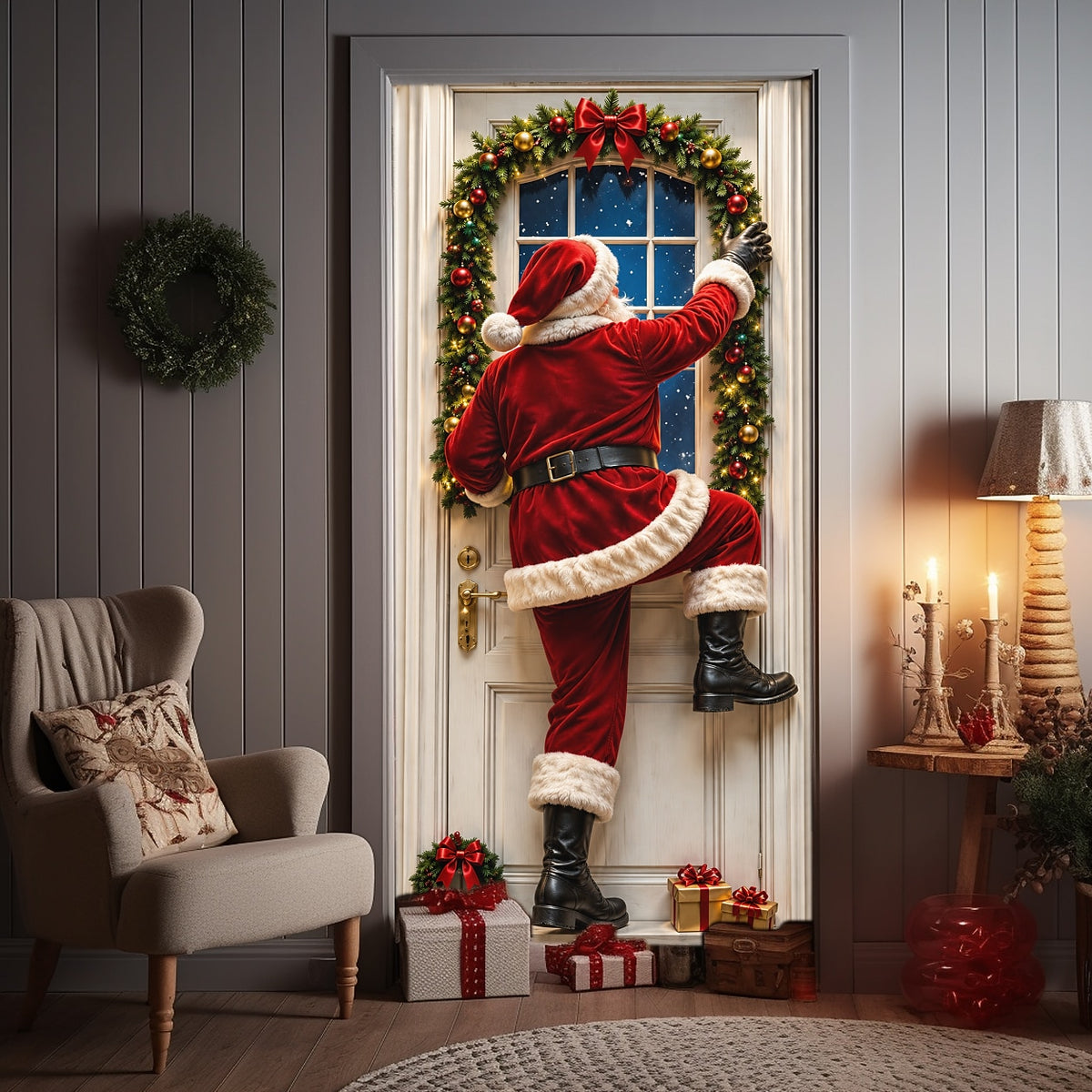 Santa Claus Climbing Ladder Christmas Door Cover
