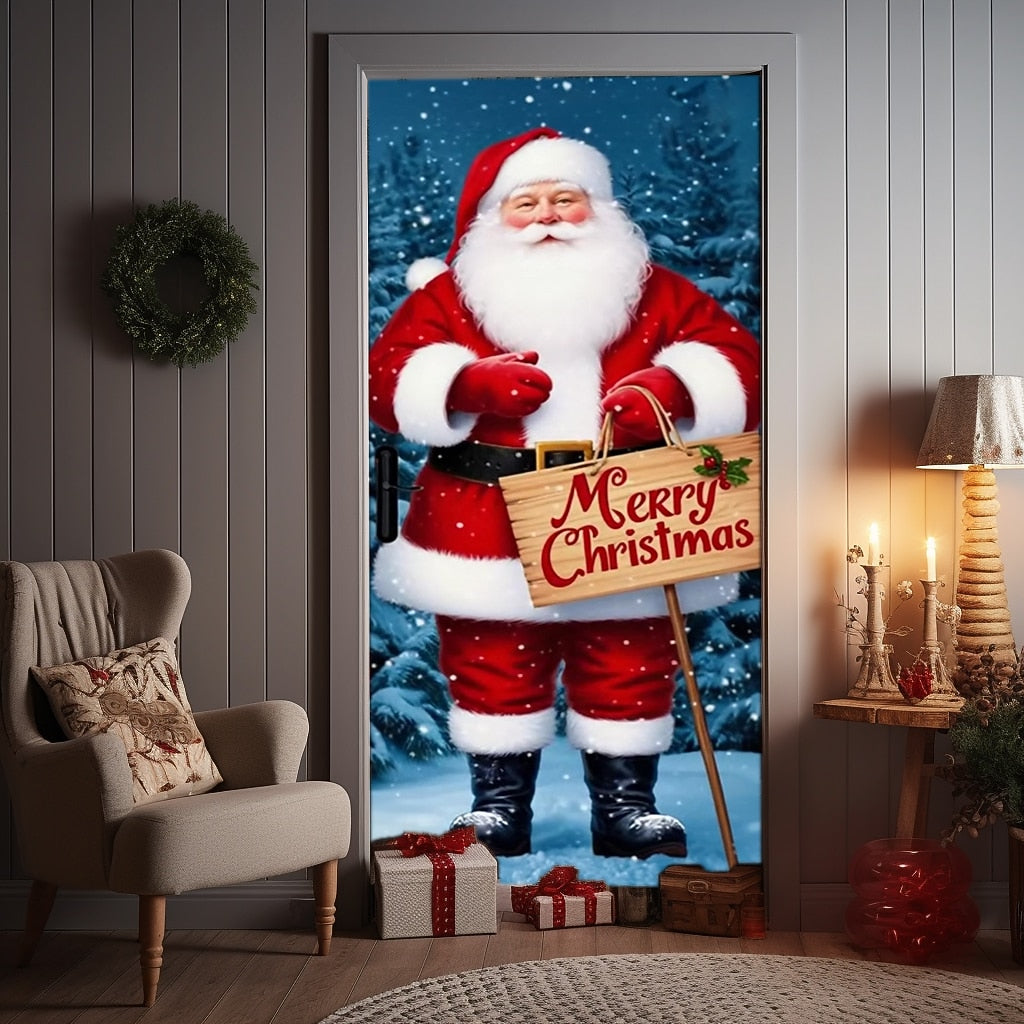 Classic Santa with North Pole Sign Christmas Door Cover