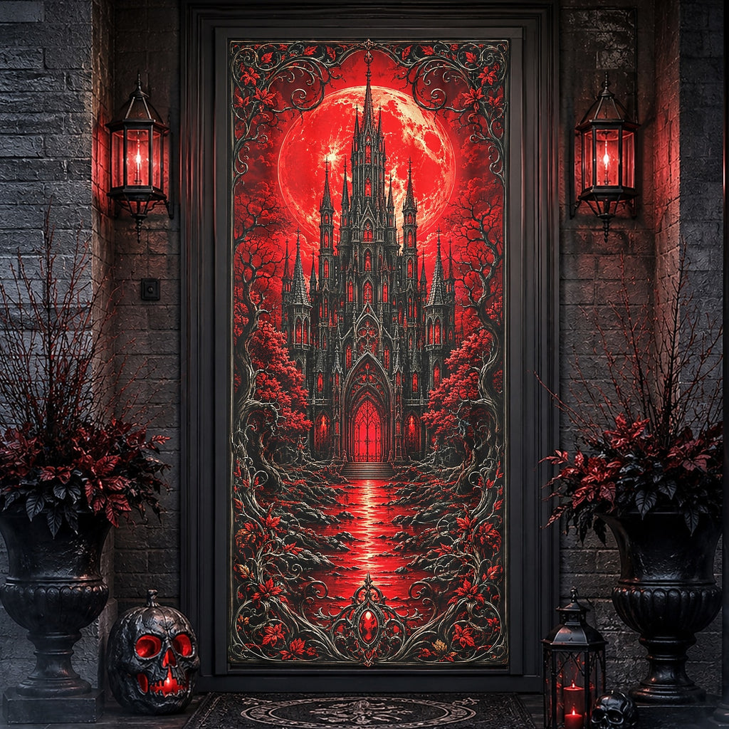 Castle Red Moon Haunted Mansion Banner Halloween Door Cover Creepy Witch