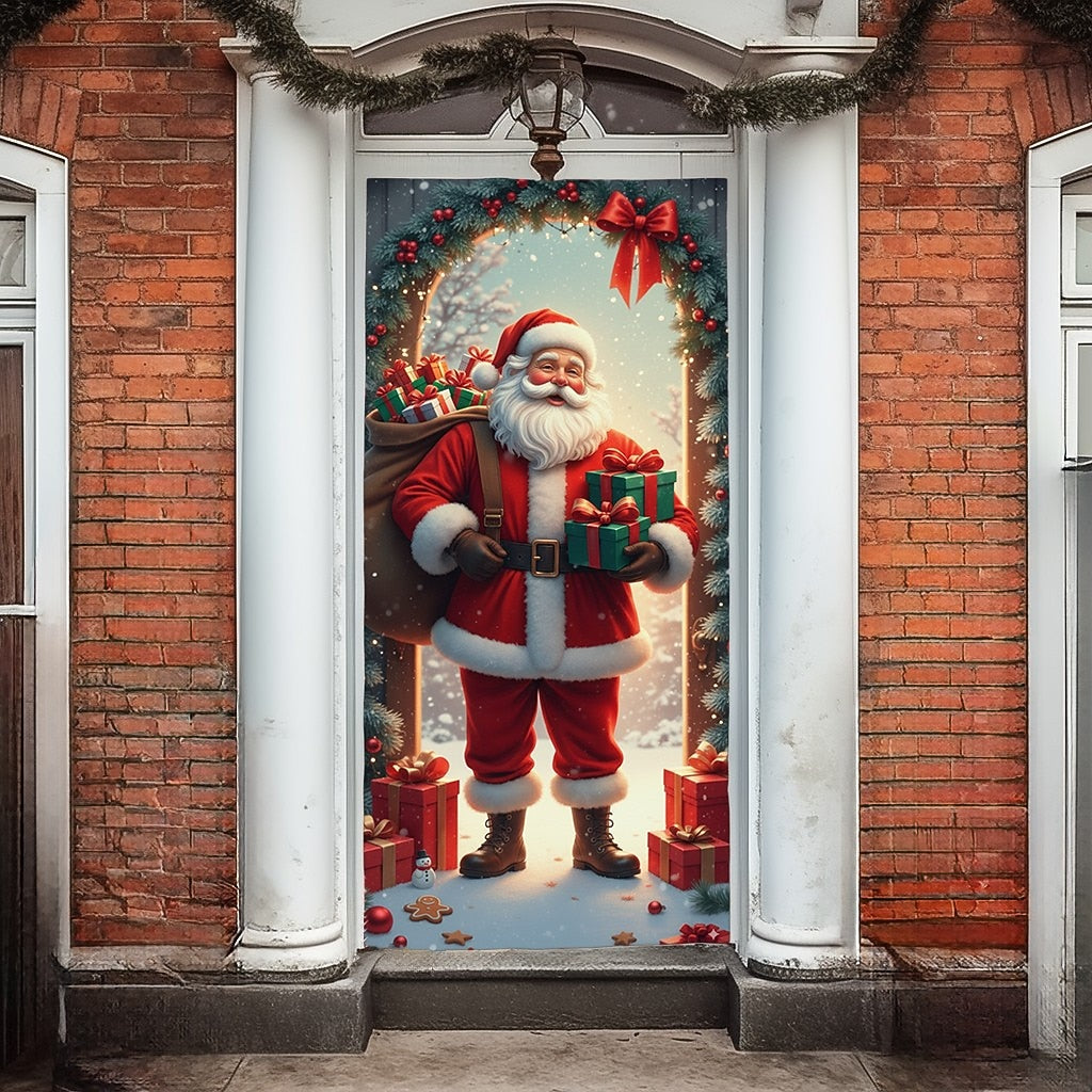 Santa Claus Gifts Wreath & Open Door Christmas Door Cover
