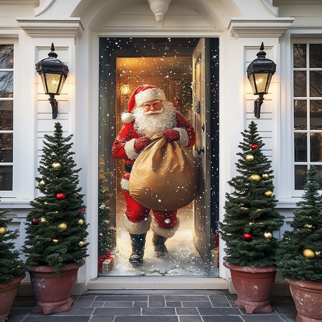 Santa Breaking Through Wall Christmas Door Cover