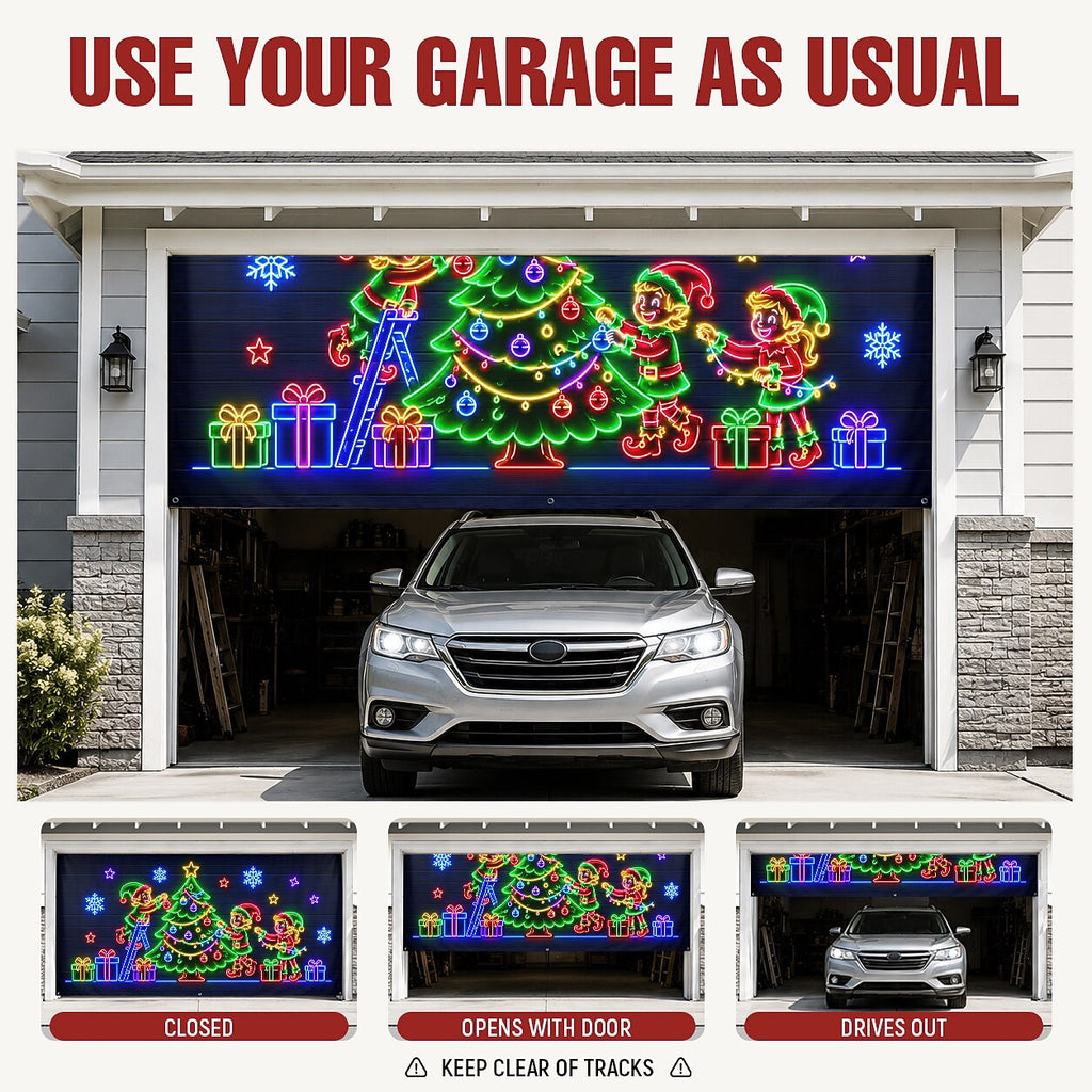Blacklight Christmas Garage Cover UV Reactive Christmas Tree & Gifts