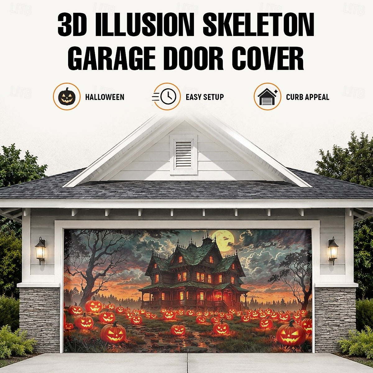 Pumpkin Skeleton Breaking Wall Halloween Garage Door Cover